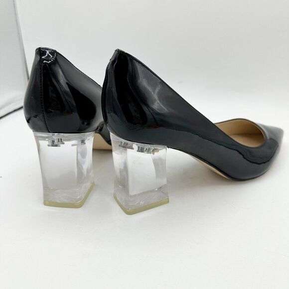 Marc Fisher Zala Black Patent Leather Poiinted Toe Pumps With Clear Acrylic Bloc - Picture 6 of 12